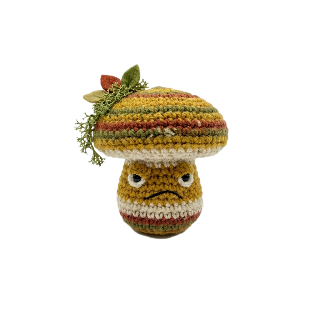 A tiny crocheted mushroom with grumpy side-eye and a sprig of moss, blending whimsical and dry humor, with the aesthetic of cottagecore. Render it with a playful color palette.