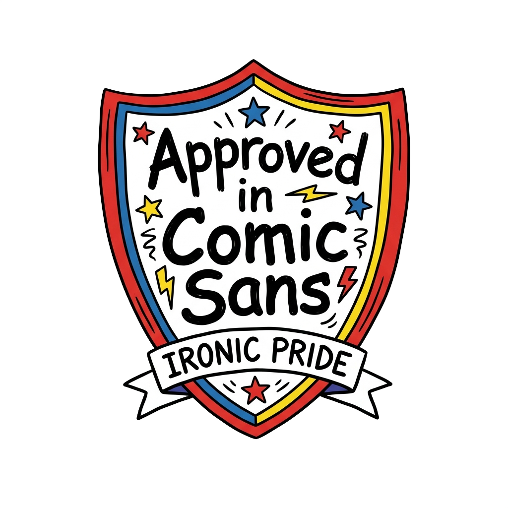 A badge styled in Comic Sans with the words "Approved in Comic Sans" hand-lettered in the same font, radiating ironic pride.