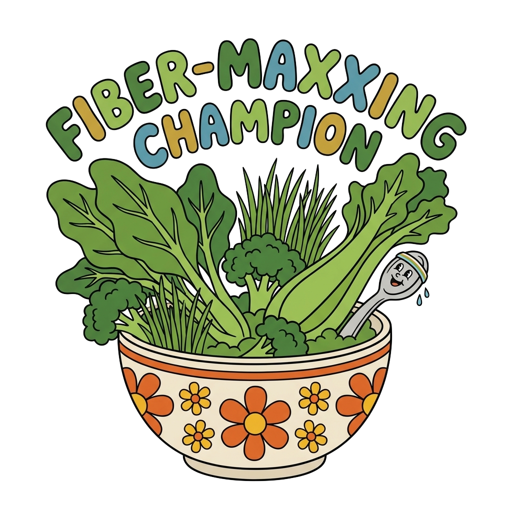 A cartoon cereal bowl overflowing with green stalks and the words "Fiber-maxxing champion" in playful letters, evoking humor and nostalgia.