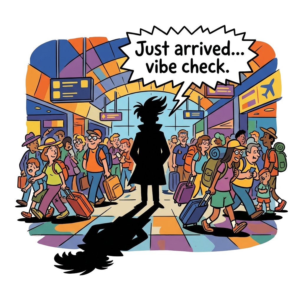 A dramatic shadow figure in a crowded airport scene with a text bubble saying "Just arrived… vibe check." rendered in a humorous style.