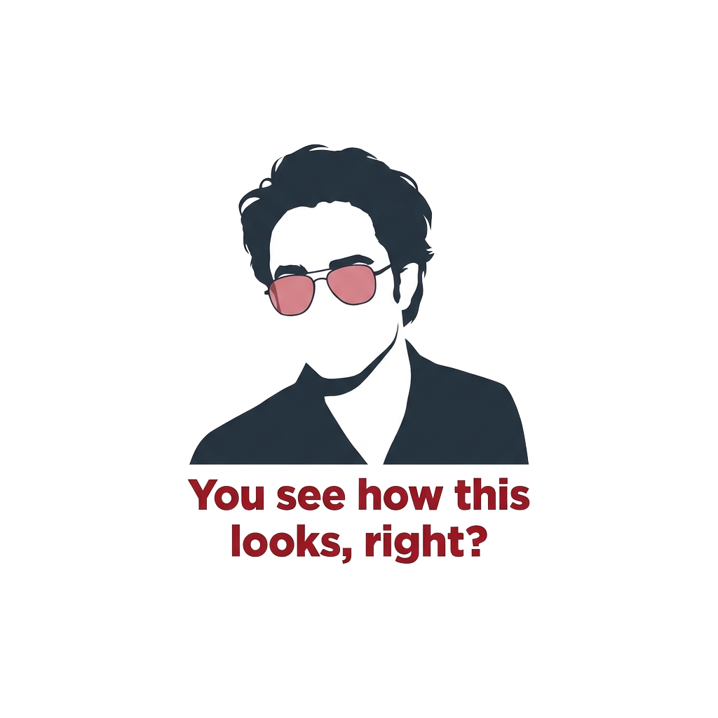 A minimalist silhouette of Robert Pattinson wearing rose-tinted sunglasses, with the words "You see how this looks, right?" in a bold type below.
