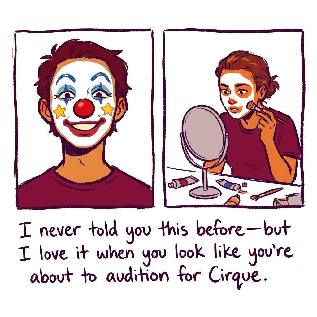 A two-panel doodle showing one person with clown makeup and another mid-application, with the words "I never told you this before—but I love it when you look like you’re about to audition for Cirque."