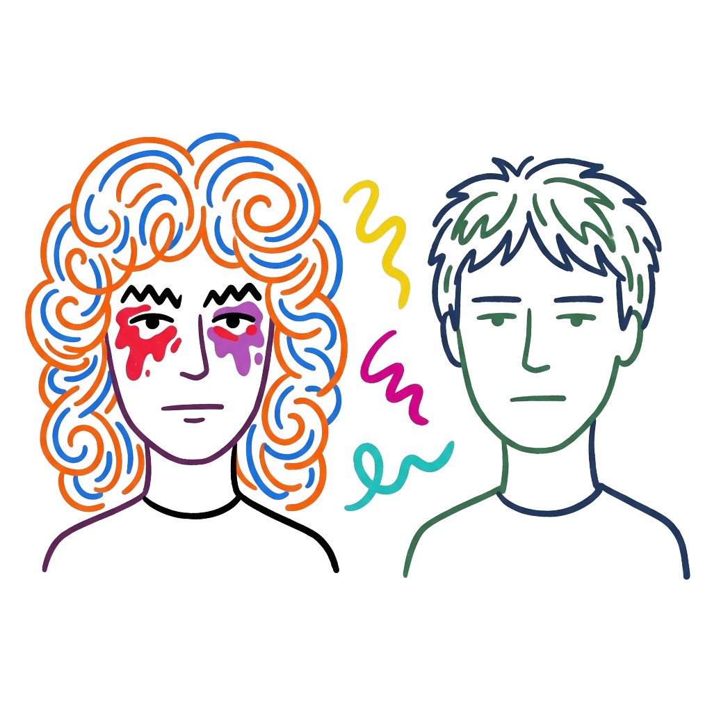 A deadpan pair of characters, one with clown goop makeup, wild eyebrows, and a wig, capturing the zany transformation with expressive minimalist linework.