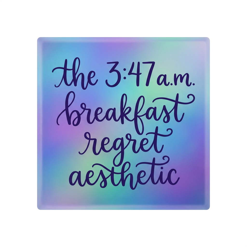 A subtle, translucent square with handwritten text saying "the 3:47 a.m. breakfast regret aesthetic" in a whimsical, engaging style.