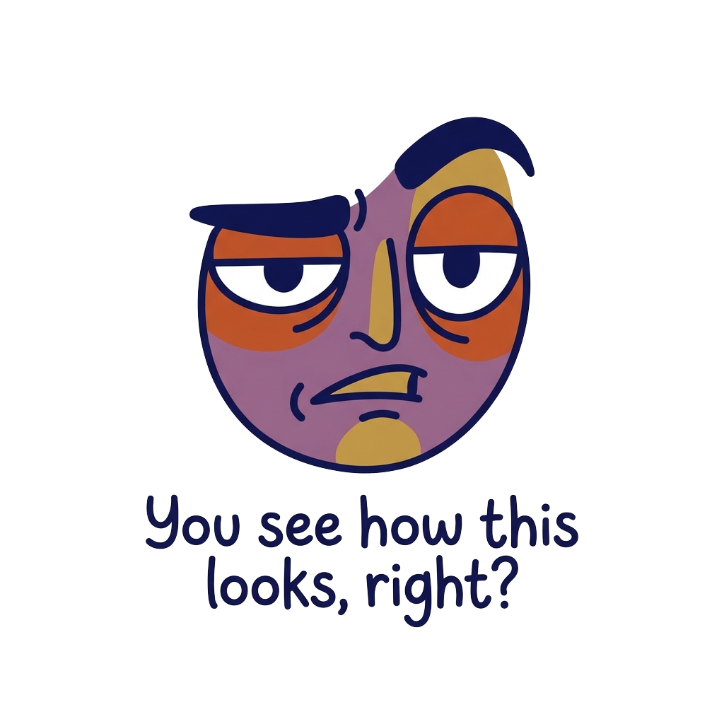 A simple cartoon of a skeptical face with a raised eyebrow, with the words "You see how this looks, right?" in a wry, humorous type.