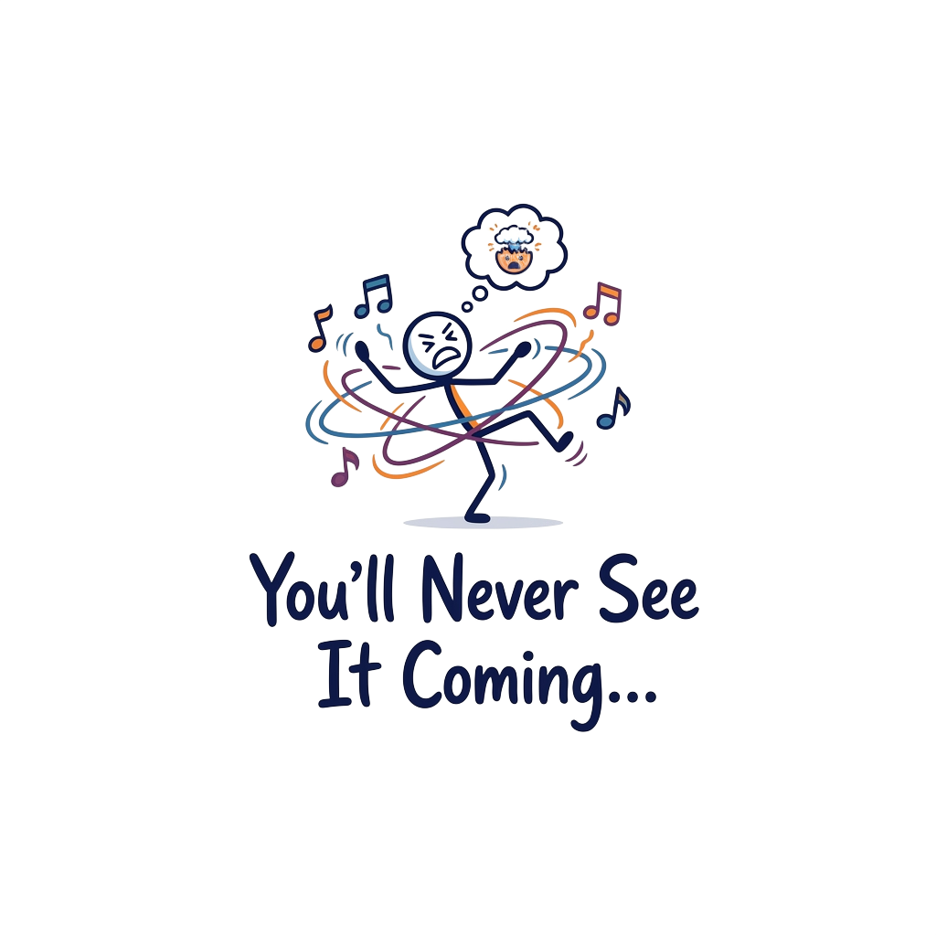 A tiny, exasperated stick-figure accompanied by motion lines and cartoon music notes, with the words 'You’ll Never See It Coming...' hand-lettered across the bottom in bold type.