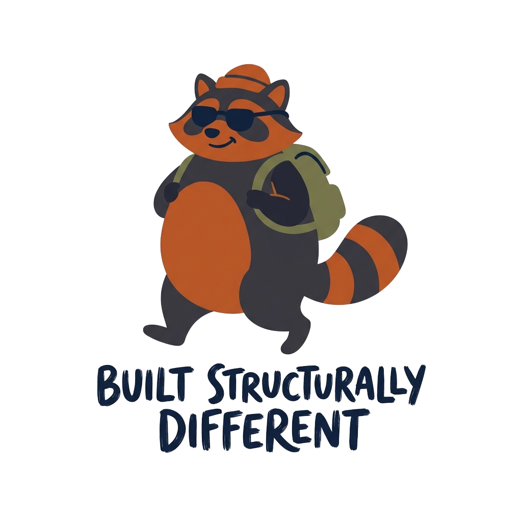A minimalist, slightly chubby raccoon strolling nonchalantly, embodying a chill vibe, with the words 'Built structurally different' hand-lettered across the bottom in bold type.