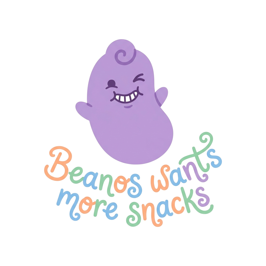 a flat pastel purple bean caricature with a playful expression, and the words "Beanos wants more snacks" hand-lettered across the bottom in whimsical type
