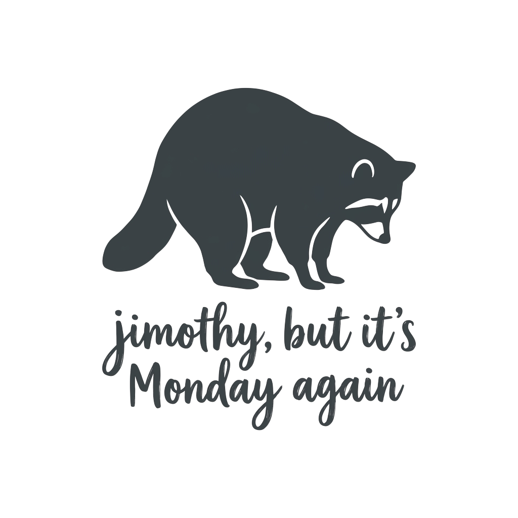 a minimalist raccoon silhouette in monotone, with slumped posture, and the words "jimothy, but it’s Monday again" hand-lettered across the bottom in neutral type