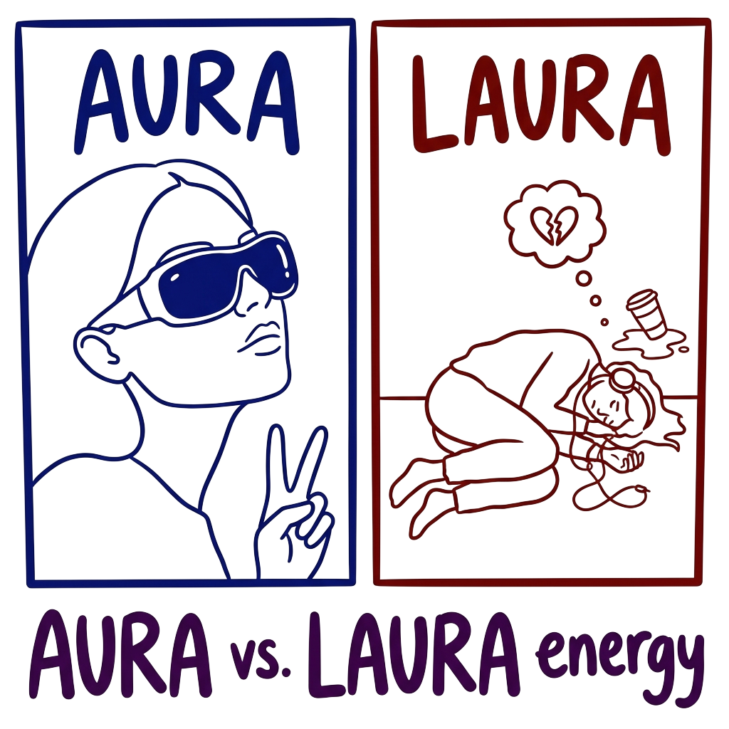 A split-screen minimalist line drawing with one half depicting a confident figure in Y2K sunglasses labeled 'Aura' and the other half showing a failed moment, with the words 'AURA vs. LAURA energy' hand-lettered across the bottom in bold correctly-spelled type.