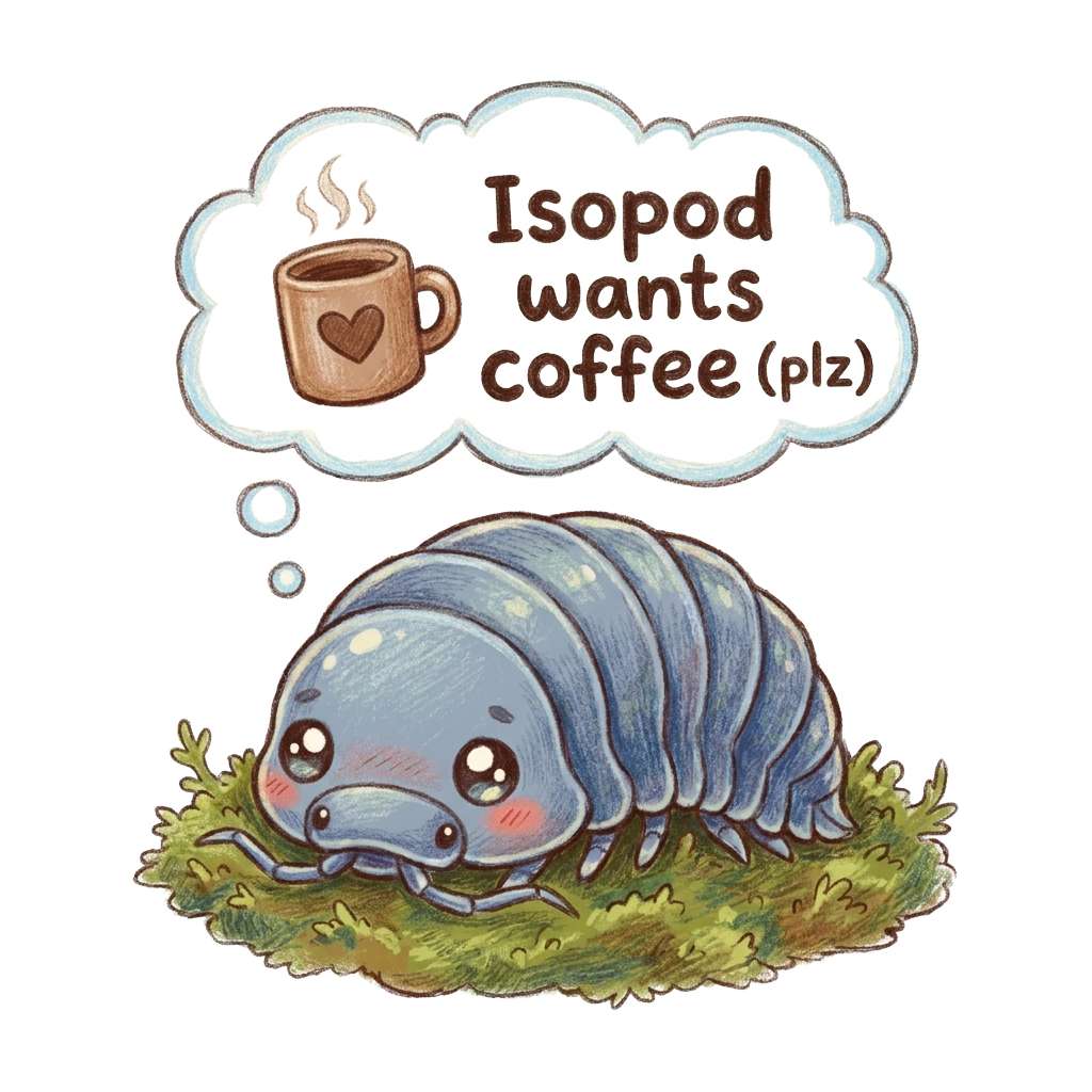 A cute, kawaii-style isopod sketch dreaming of a steaming mug in a thought bubble, with the words 'Isopod wants coffee (plz)' hand-lettered inside for a playful touch.