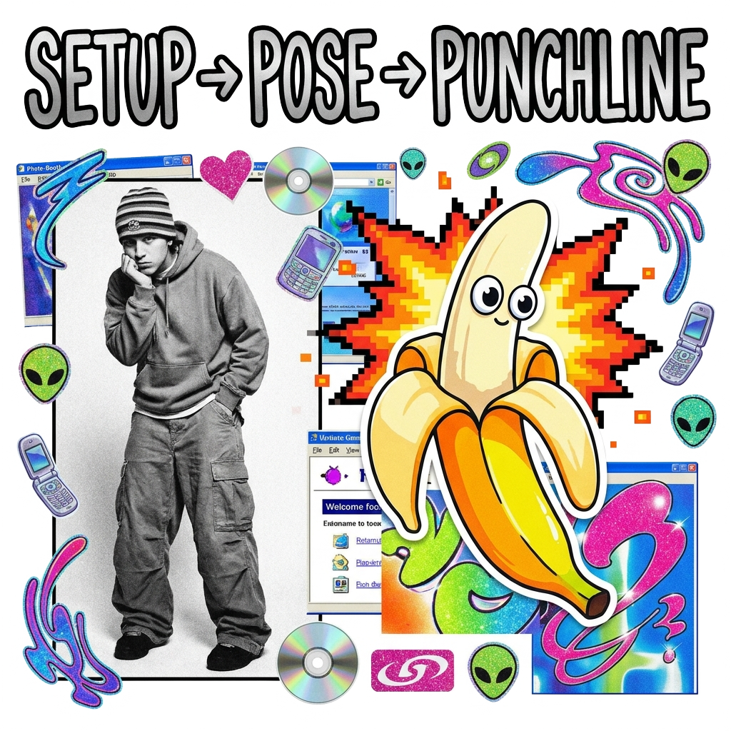 A retro-y2k collage scene with a character in a moody indie pose followed by an unexpected absurd object like a peeling banana, with the words 'Setup → Pose → Punchline' hand-lettered across the top in bold type.