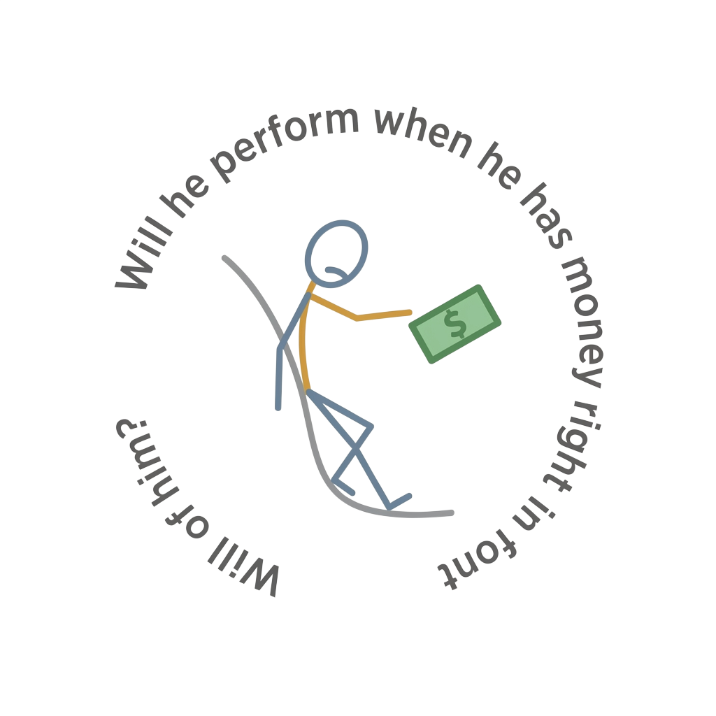 A minimalist stick-figure with a lazy posture reaching for a dollar, with the words "Will he perform when he has money right in front of him?" wrapped around in a deadpan font.