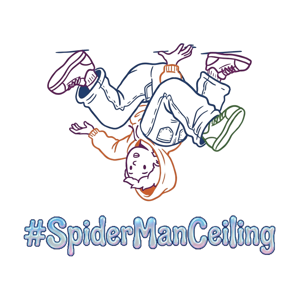 A cute line drawing of a person stuck upside down on a ceiling, with the phrase "#SpiderManCeiling" in subtle Y2K text beneath.