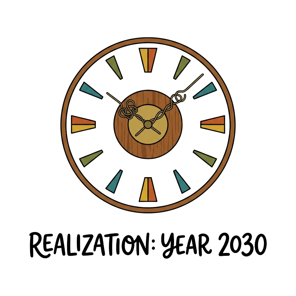 Custom sticker: A minimalist retro wall clock with its hands tangled or going backwards, with the words "Realization:...