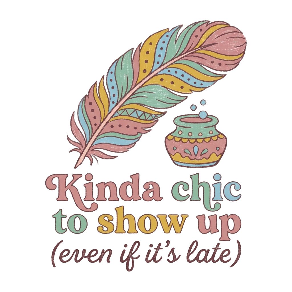 Custom sticker: A retro-pastel feather quill doodle with the words "Kinda chic to show up (even if it’s late)" hand-l...