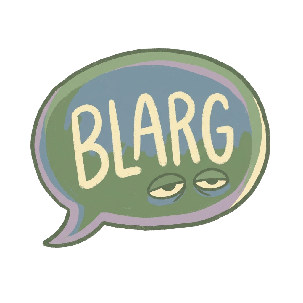 Custom sticker: A chunky speech bubble with the word "BLARG" hand-lettered inside, accompanied by sleepy eyes peeking...