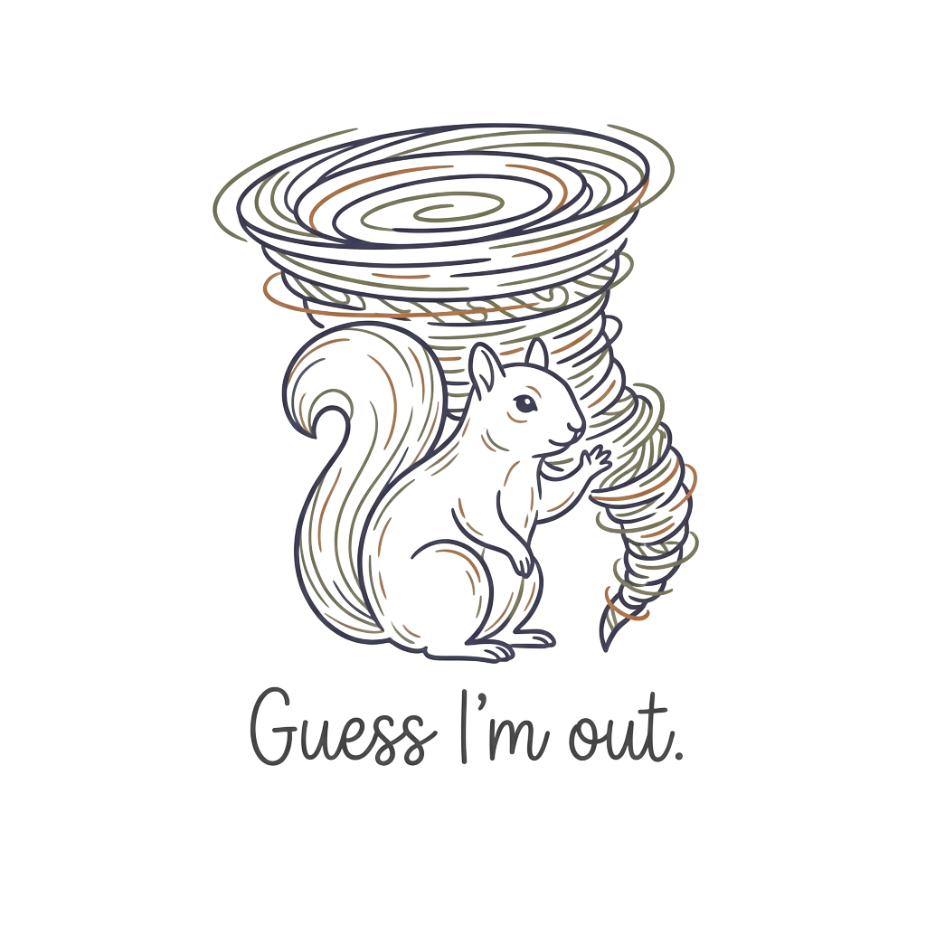 Custom sticker: Aline-art squirrel waving peacefully as a tornado swirls around it, with the words "Guess I'm out." h...