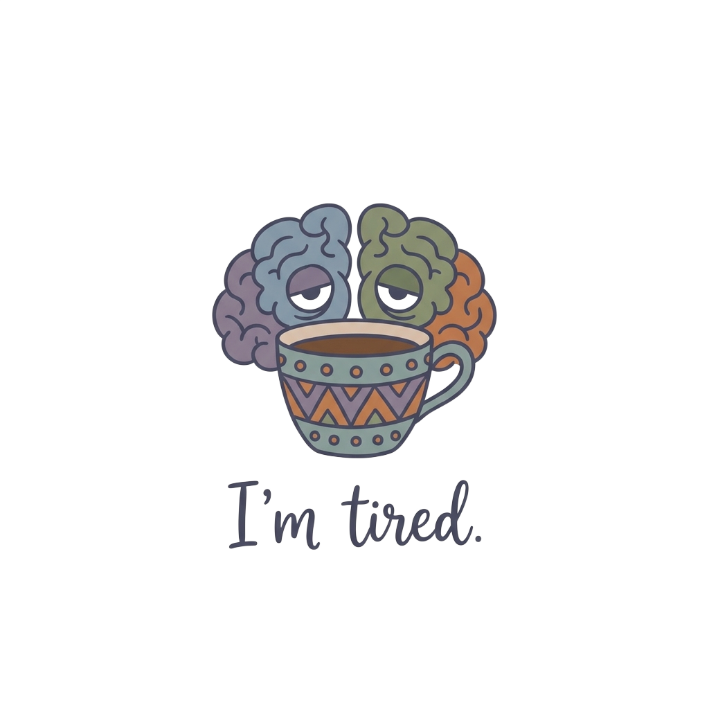 Custom sticker: A flattened doodle brain with droopy eyes peeking over a coffee cup, with the words "I’m tired." depi...