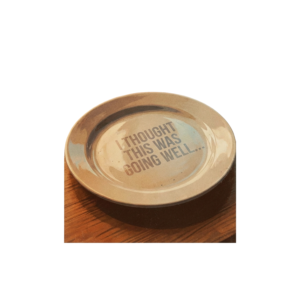 Custom sticker: A retro cinematic scene with a tilting plate, dryly rendered caption, with the words "I thought this ...