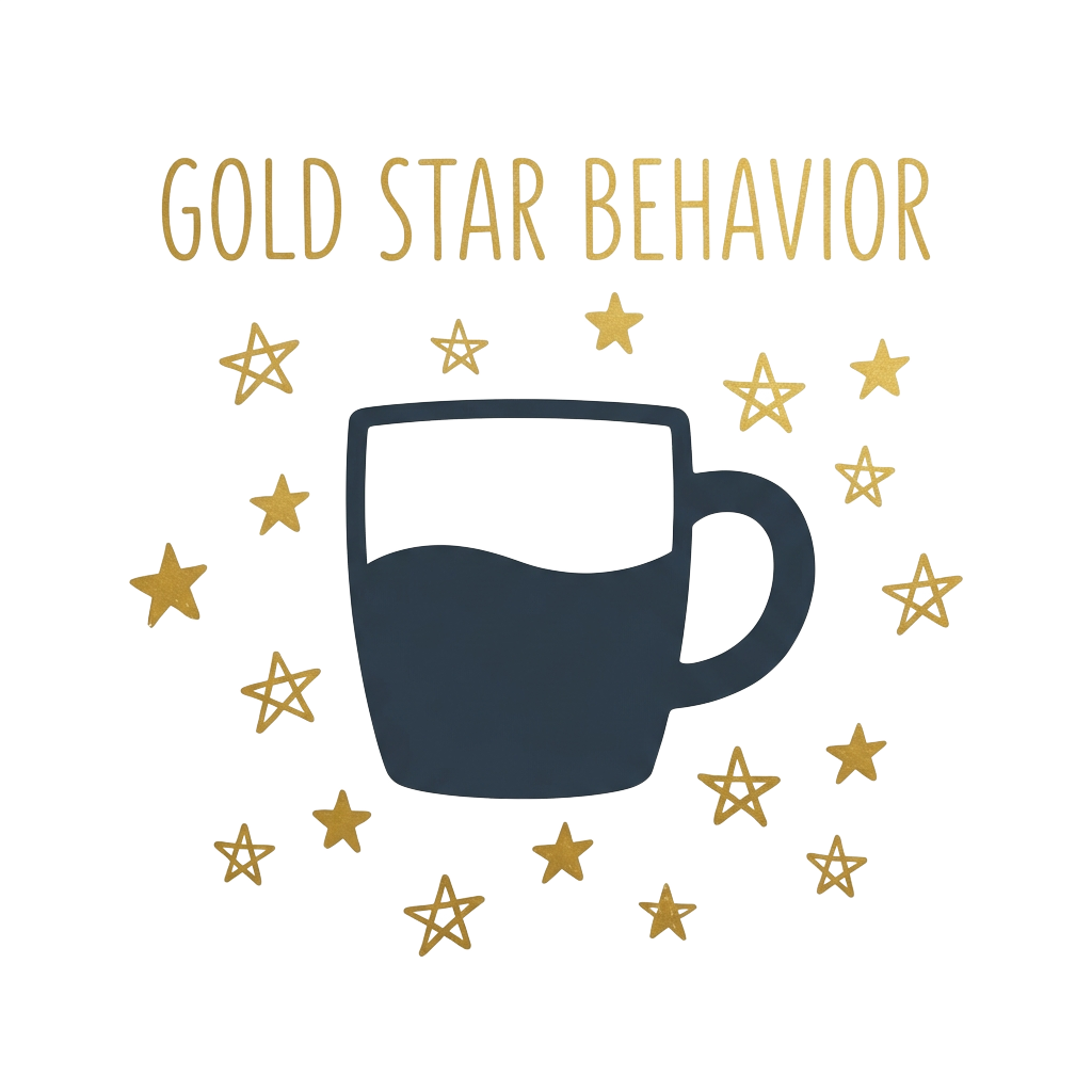 Custom sticker: A minimalist silhouette of a half-empty coffee mug surrounded by hand-drawn gold stars, with the word...