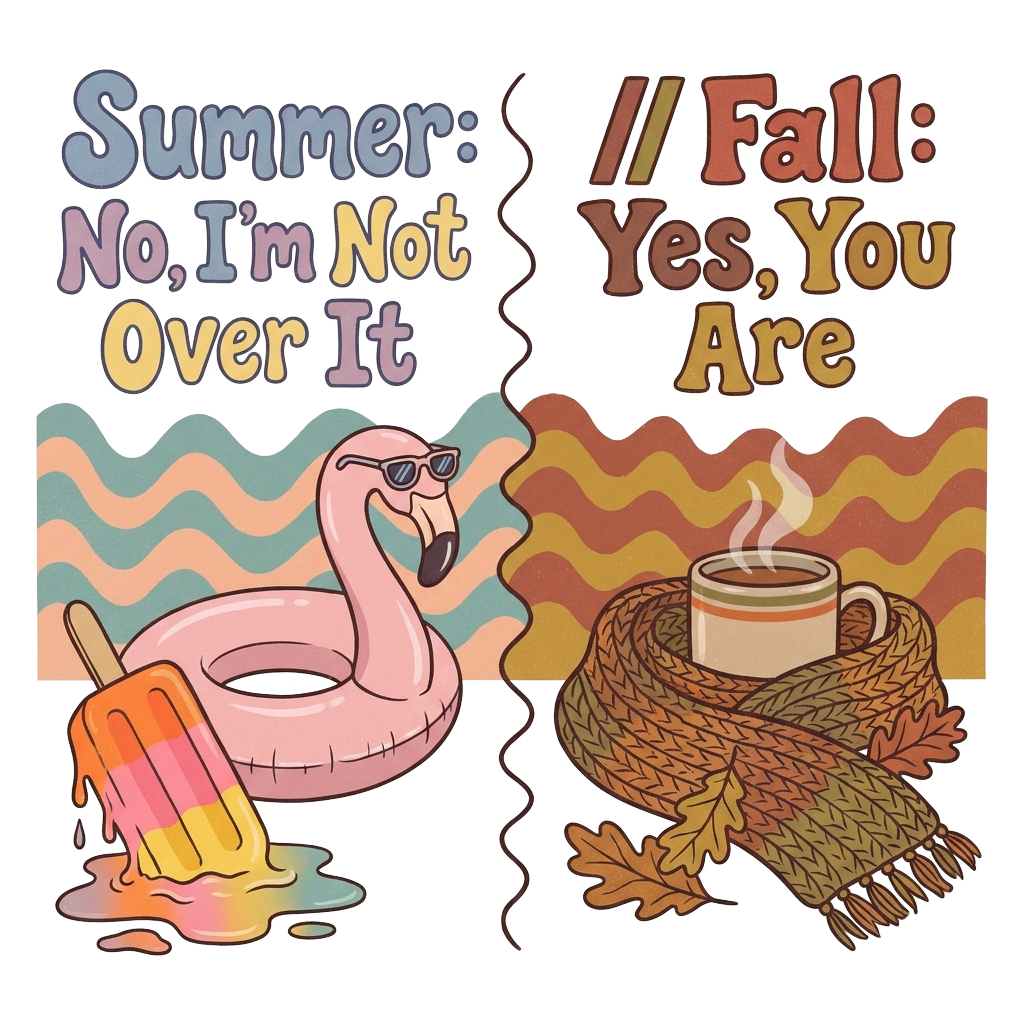 Custom sticker: A split scene featuring a flamingo floatie and melting ice pop on one side, with the words "Summer: N...