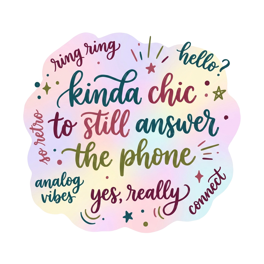 Custom sticker: A soft pastel background with phrases like 'kinda chic to still answer the phone' rendered in a playf...
