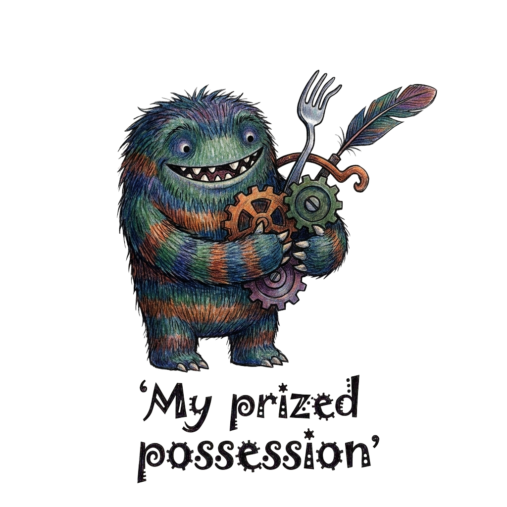 Custom sticker: A hand-drawn character clutching a quirky object, with the words 'My prized possession' in playful ty...