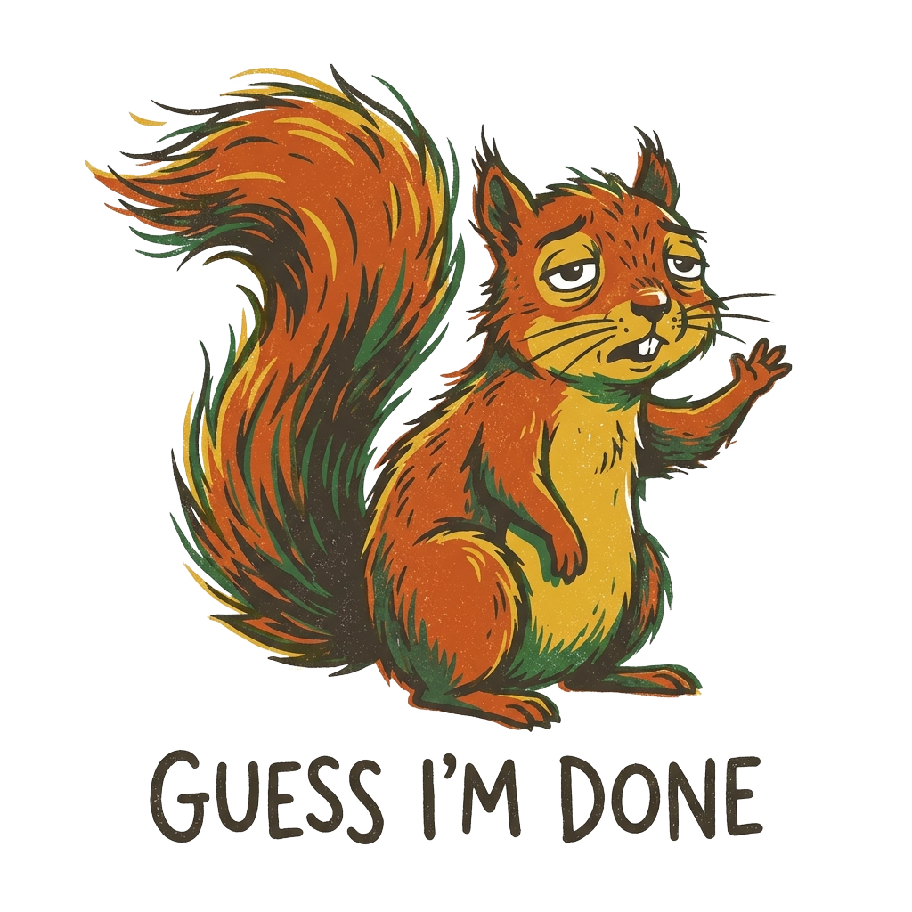 Custom sticker: A retro screen-print style image of a cartoon squirrel with a raised paw and wind-swept tail, caption...