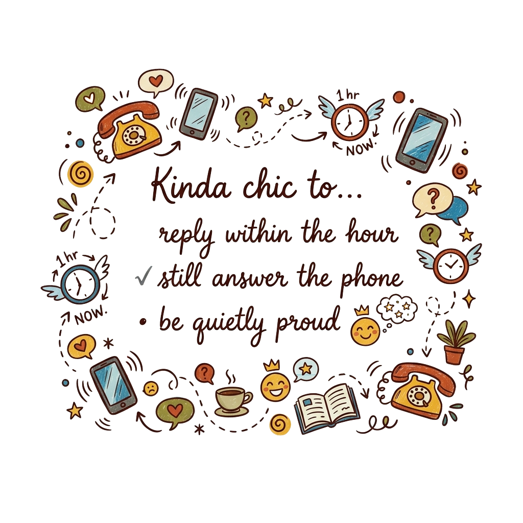Custom sticker: A lined-paper doodle style with casual script text saying "Kinda chic to… reply within the hour / sti...