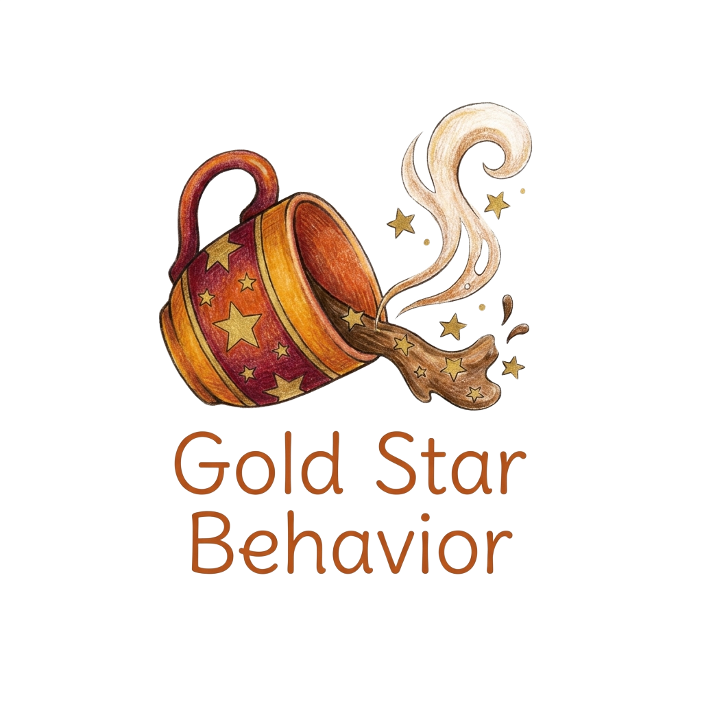 Custom sticker: A cozy, hand-drawn illustration of a tipped coffee mug with small gold stars, featuring the phrase "G...