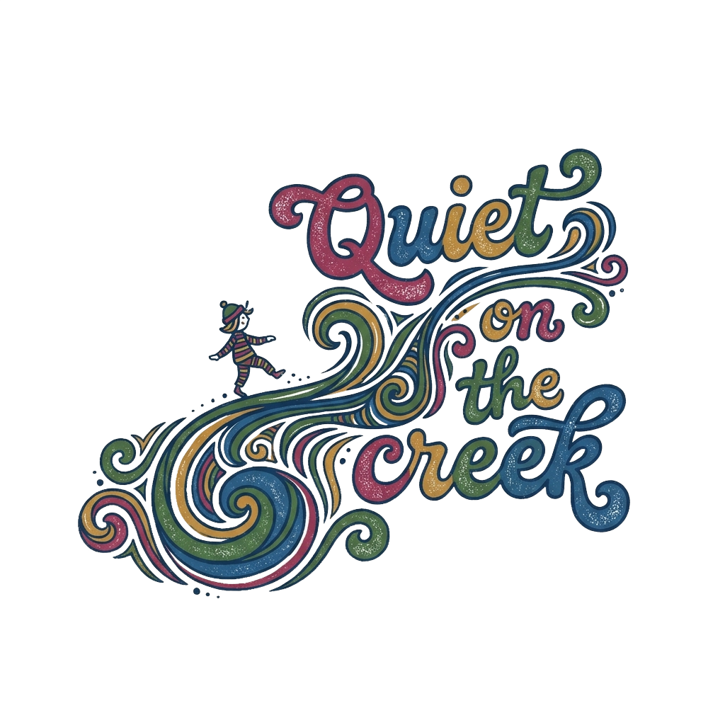 Custom sticker: An abstract swirly creek doodle with a tiny figure tip-toeing, featuring the words "Quiet on the cree...