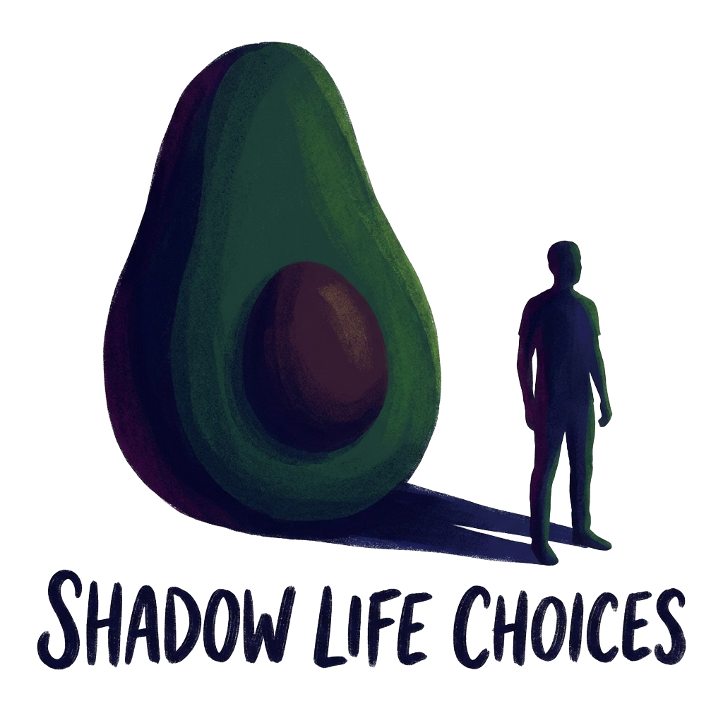 Custom sticker: a silhouette of a person next to an exaggerated shadow of a giant avocado, with the words "shadow lif...