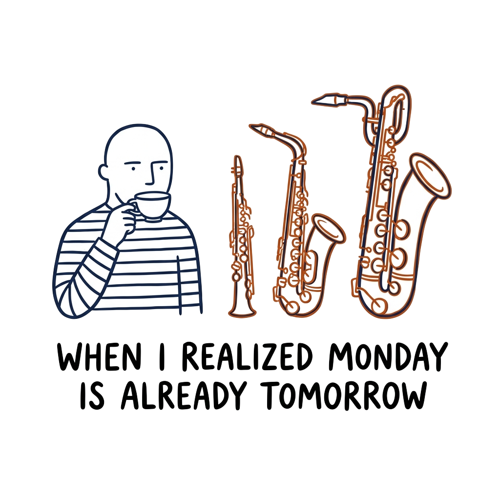 Custom sticker: a deadpan line-art figure sipping tea next to a progressively larger saxophone, with the words "when ...