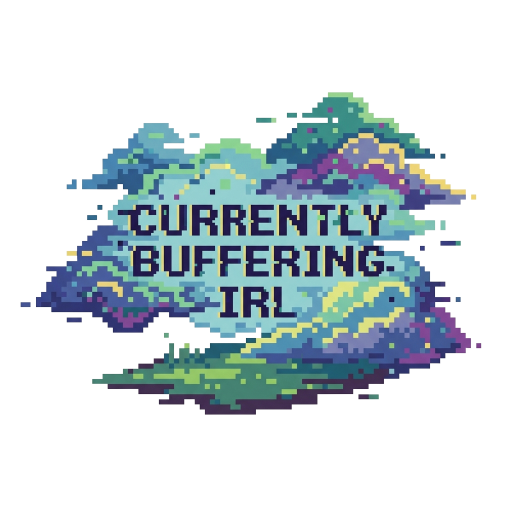 Custom sticker: A small, pixel-glitch fog drifting with the caption "Currently buffering IRL" elegantly integrated in...