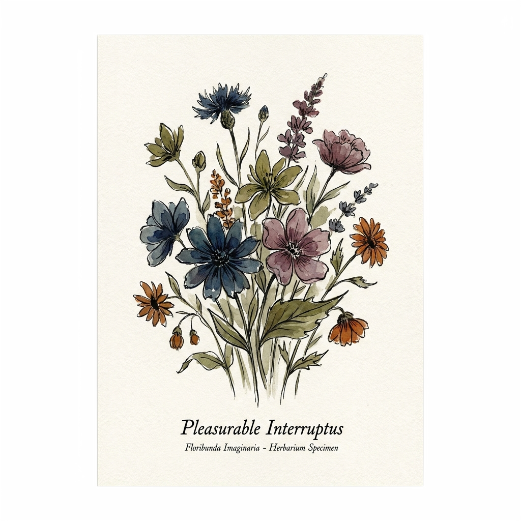 Custom sticker: An ink-and-wash cluster of wildflowers with faux-latin annotations like "Pleasurable Interruptus" in ...