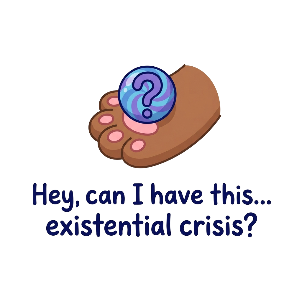Custom sticker: A kawaii-style bear paw holding out a tiny heart or weird object, with the words "Hey, can I have thi...