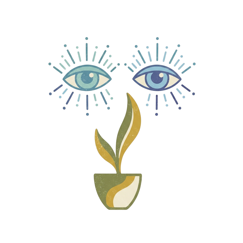Custom sticker: A retro-aesthetic set of gentle, healing blue eyes floating above a minimalist silhouette of a housep...
