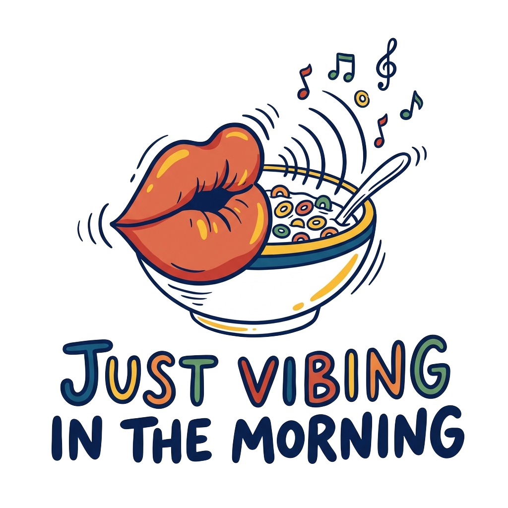 Custom sticker: A minimalist doodle of a cereal bowl with exaggerated lips mid-trill, surrounded by tiny musical note...