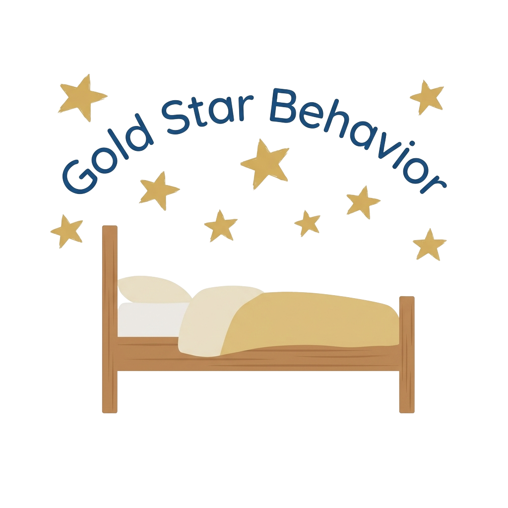 Custom sticker: A minimalist bed with 'Gold Star Behavior' arching above in clean sans-serif type, adorned with imper...