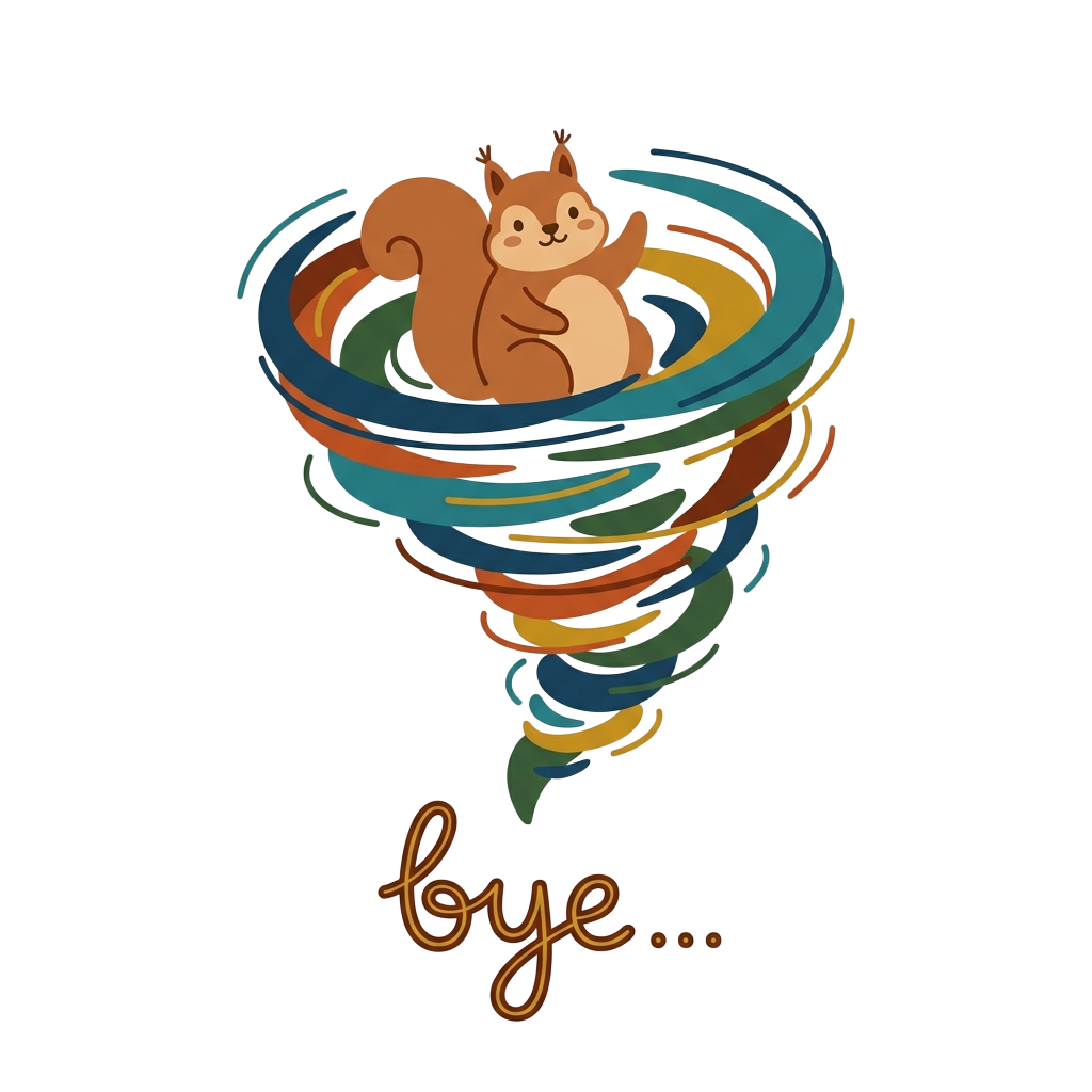 Custom sticker: A cute minimalist squirrel waving, caught in a swirling tornado, with the word 'bye...' capturing the...