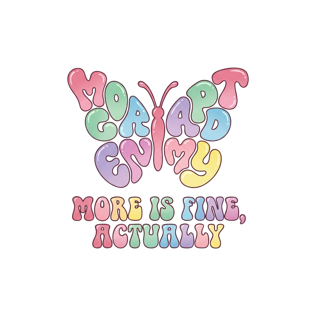 Custom sticker: A shiny bubble-letter butterfly in pastel colors with the caption "More is fine, actually" rendered i...
