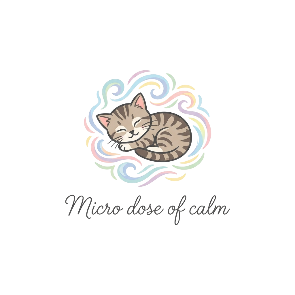 Custom sticker: A tiny tabby kitten curled up in pastel squiggles, eyes closed with a faint smile; captions the words...