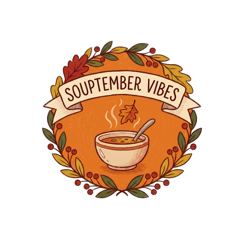 Custom sticker: A badge-style design featuring 'Souptember vibes' with a tiny bowl of soup and a falling leaf, in coz...