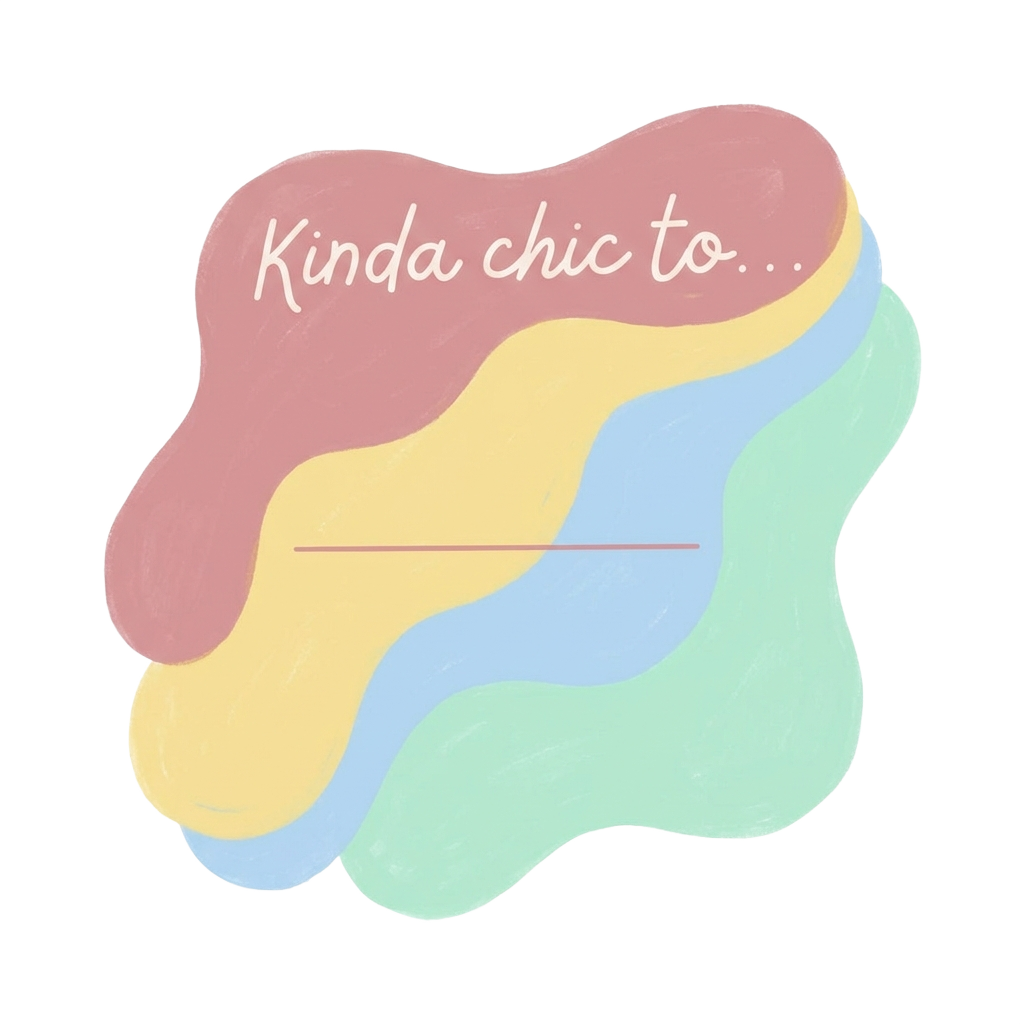 Custom sticker: An abstract shape with soft pastel colors, featuring the text 'Kinda chic to...' at the top and a bla...