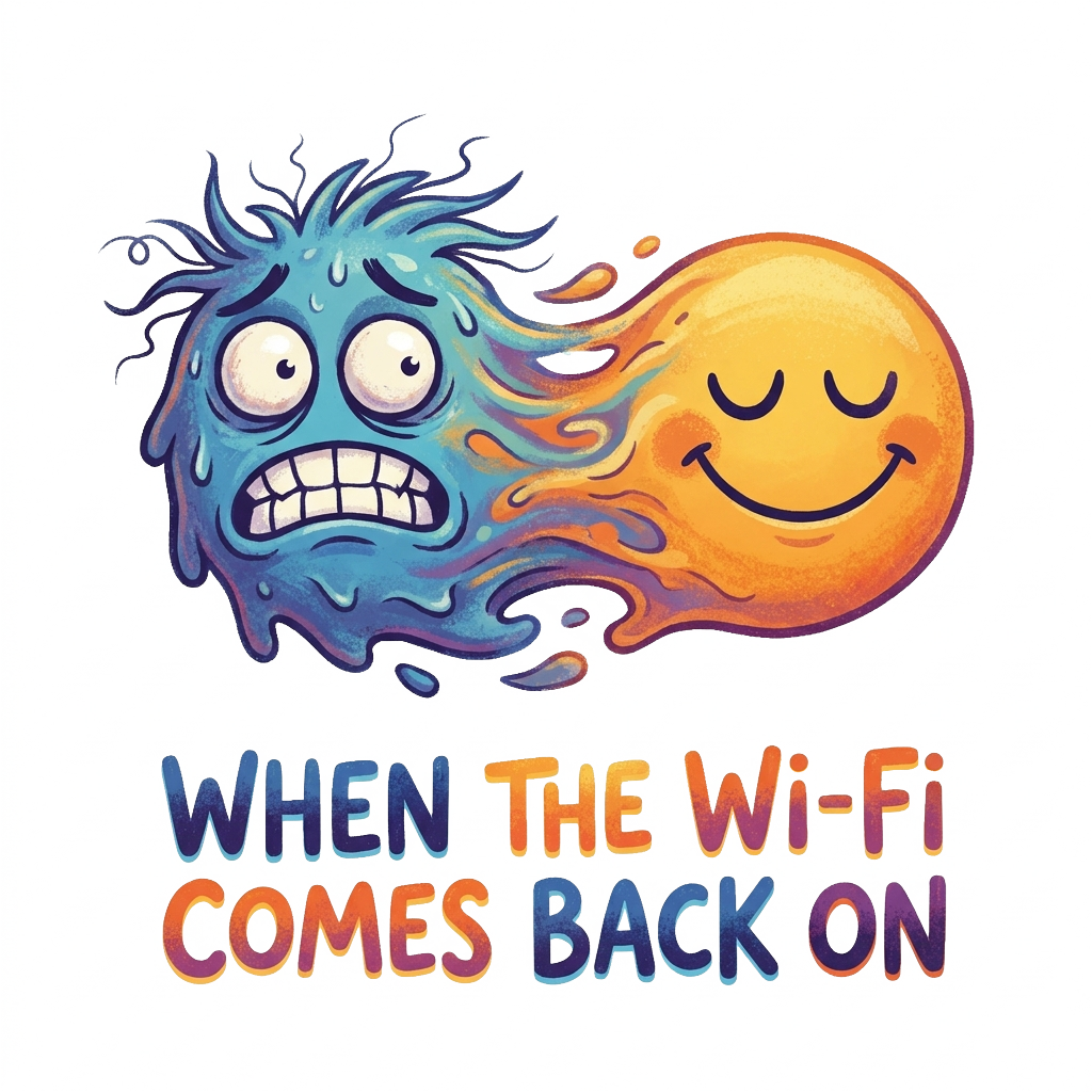 Custom sticker: A cartoon character with a panicked expression dissolving into a placid smiling face, with the words ...