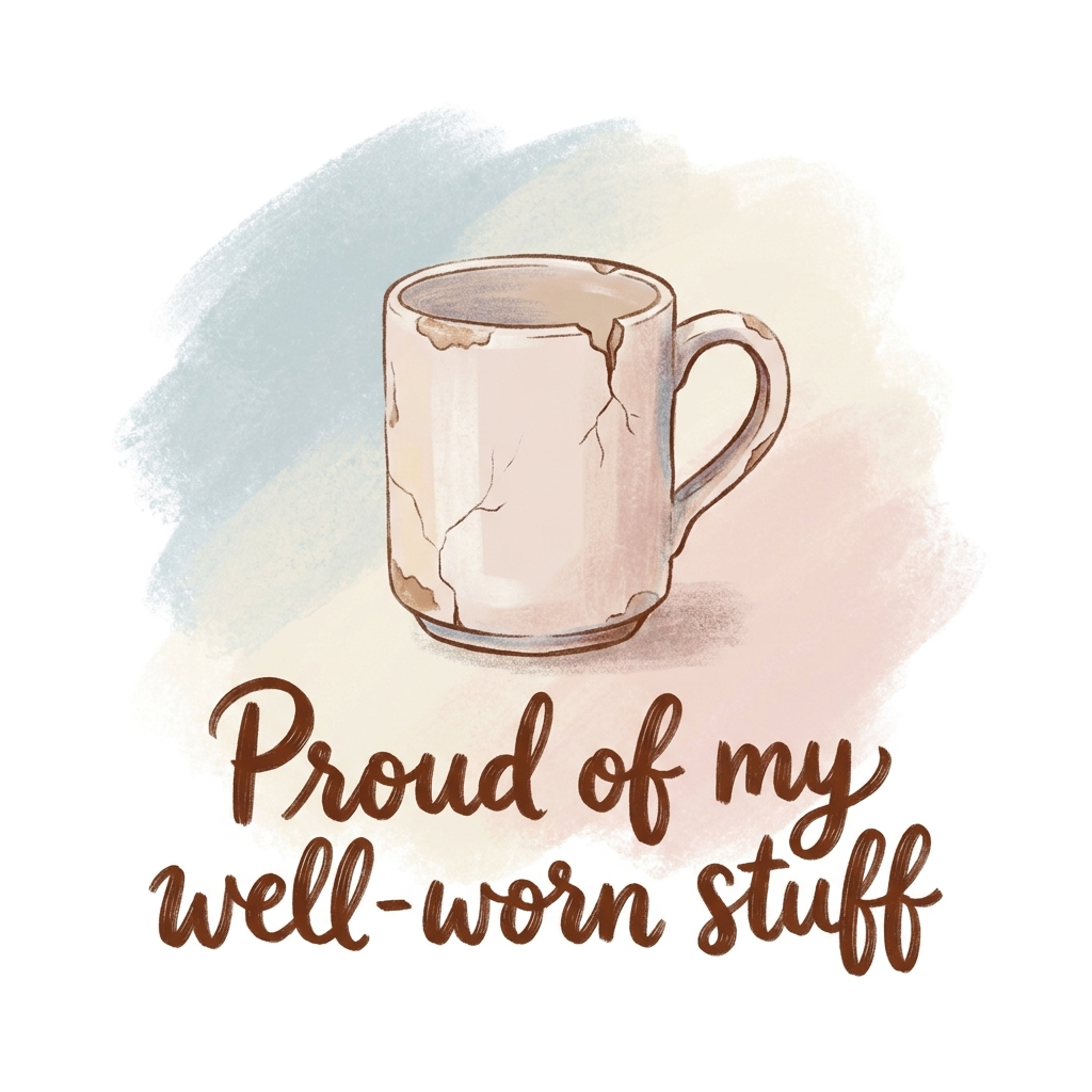 Custom sticker: A softly colored illustration of a chipped mug on a pastel background, featuring the words "Proud of ...