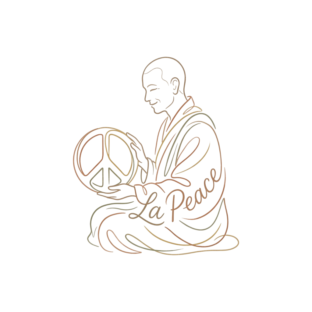 Custom sticker: a minimalist line drawing of a calm monk holding a peace symbol, with the words "La Peace" seamlessly...