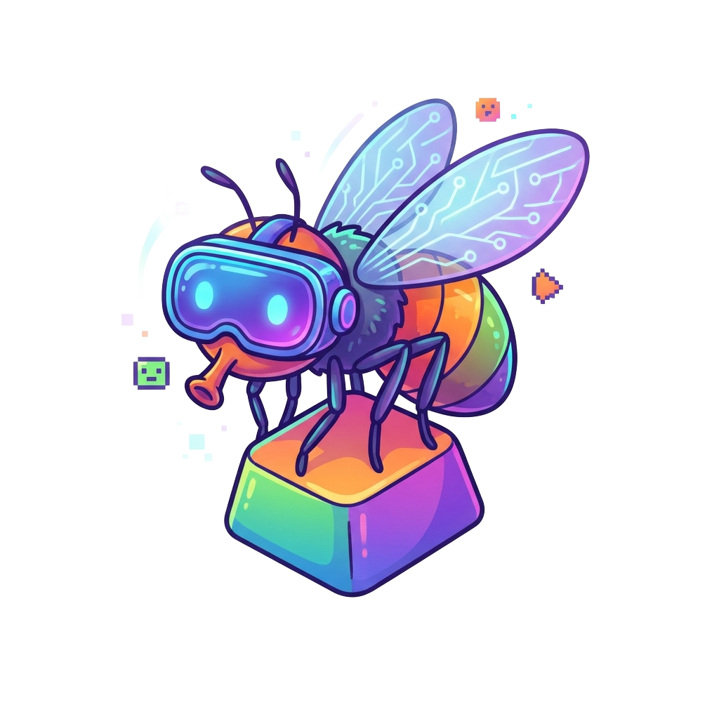 Custom sticker: a playful illustration of a tiny fruit fly equipped with glowing neural circuits or wearing VR goggle...