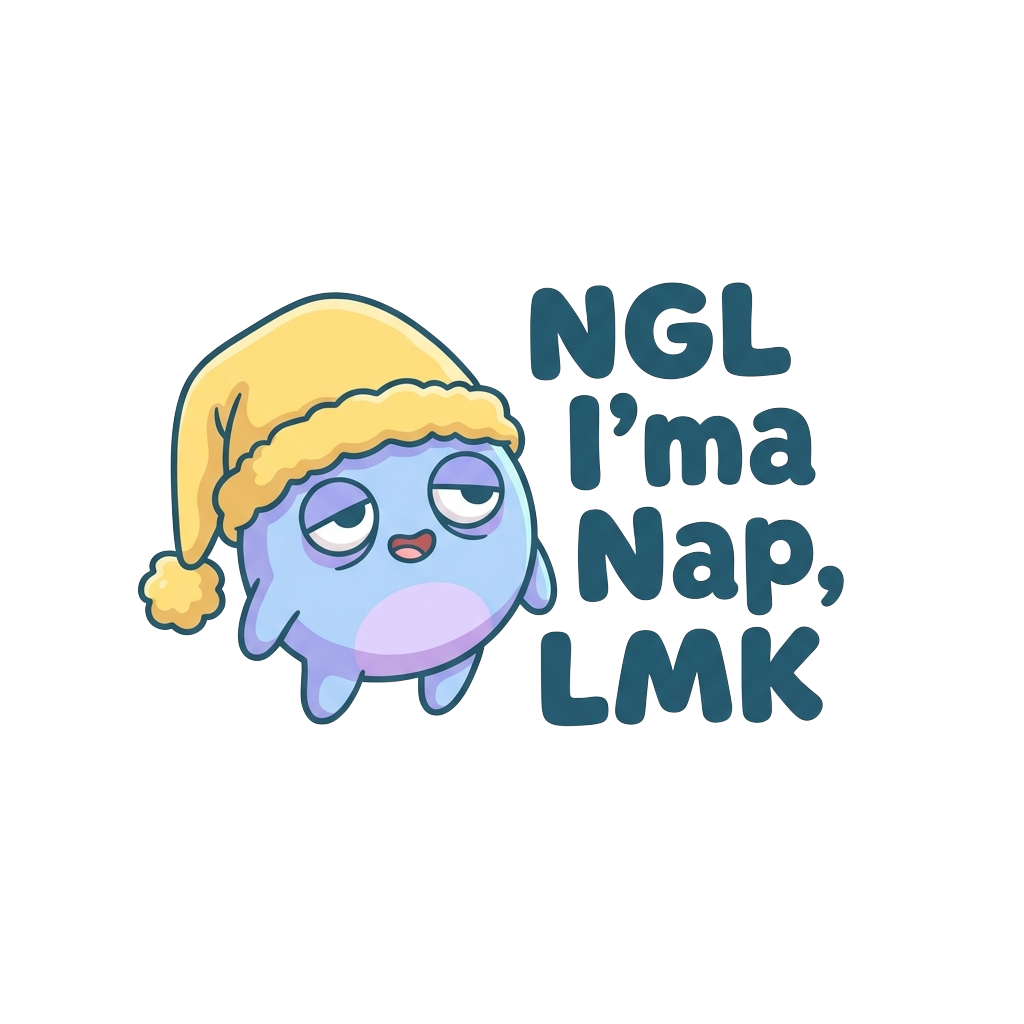 Custom sticker: A tiny sleepy cartoon character with glazed eyes and a half-open mouth, floating beside minimalist te...